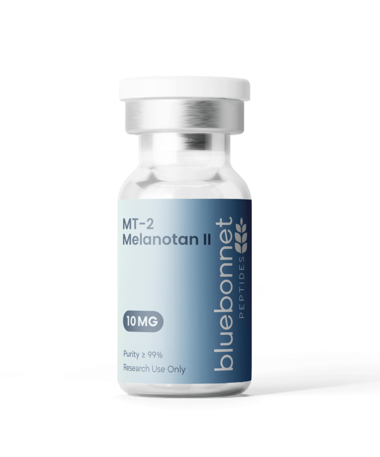 Melanotan II 10mg research peptide vial — third-party tested, 99% purity by Bluebonnet Peptides
