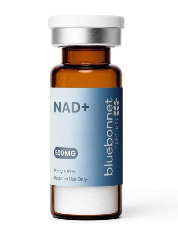 NAD+ 500mg research compound vial — third-party tested, 99% purity by Bluebonnet Peptides
