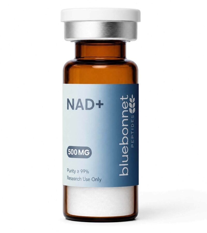 NAD+ 500mg research compound vial — third-party tested, 99% purity by Bluebonnet Peptides