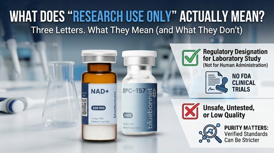 Research use only label on a peptide vial — RUO designation explained for researchers